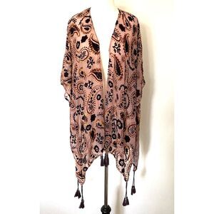 Japna Velvet Burnout Floral Paisley Cape Shawl Tassel Fringe Kimono Boho Chic M